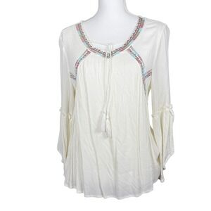 ARTESIA White Embroidered Tassel Tie Neck Bell Sleeve Boho Blouse Women's Medium
